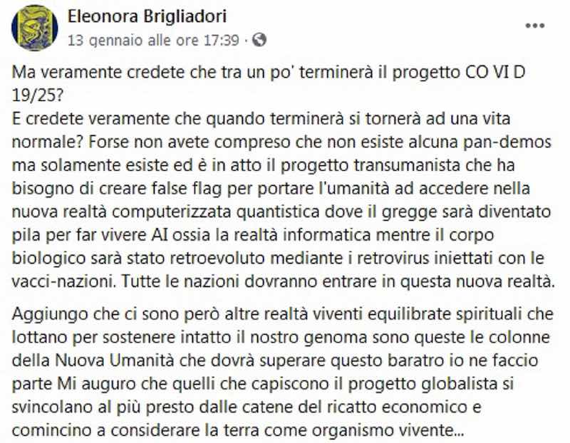 Eleonora Brigliadori sui social spiega quella che definisce una teoria complottistica
